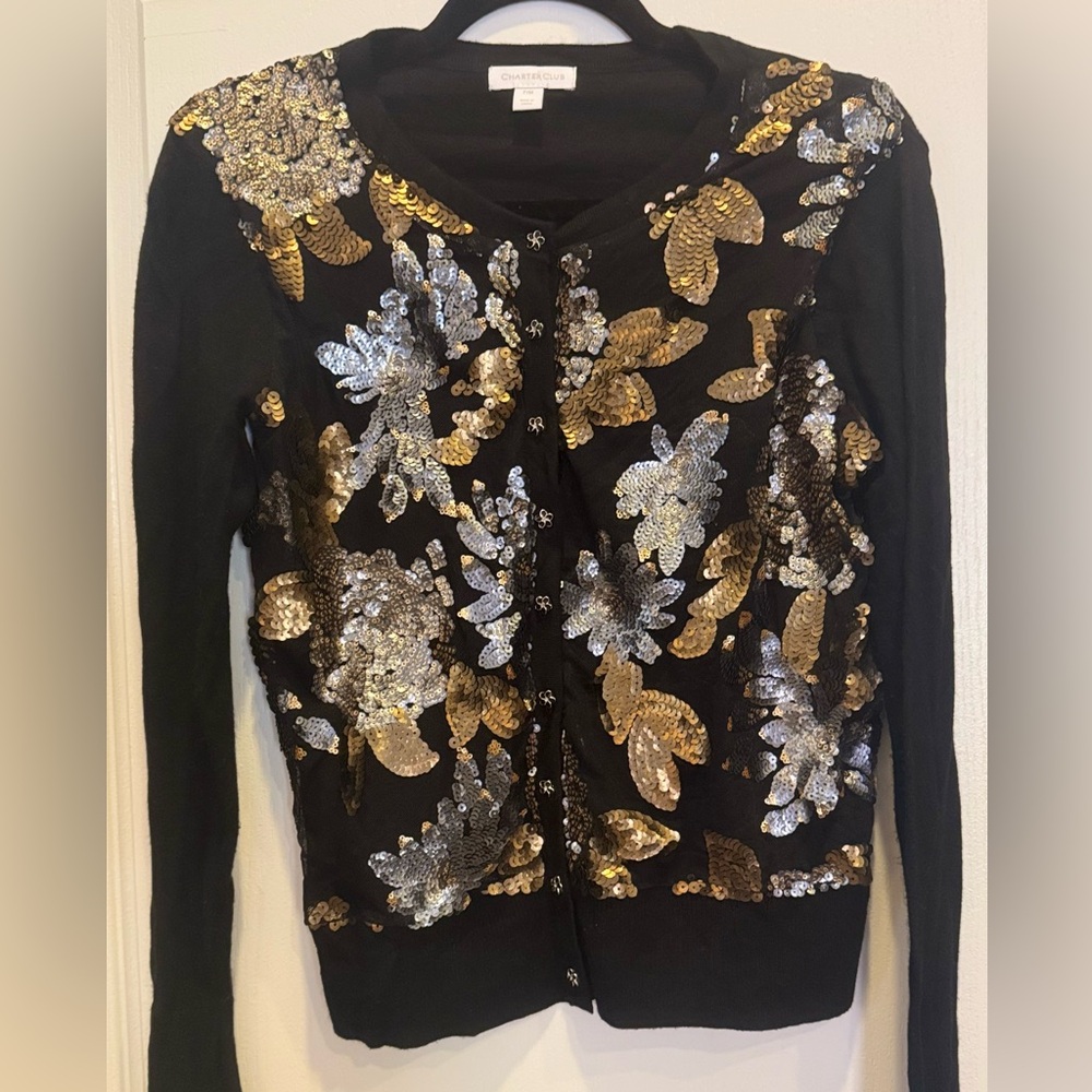 CHARTER CLUB Sequined Cardigan with Flower Buttons Black Gold Silver P/M